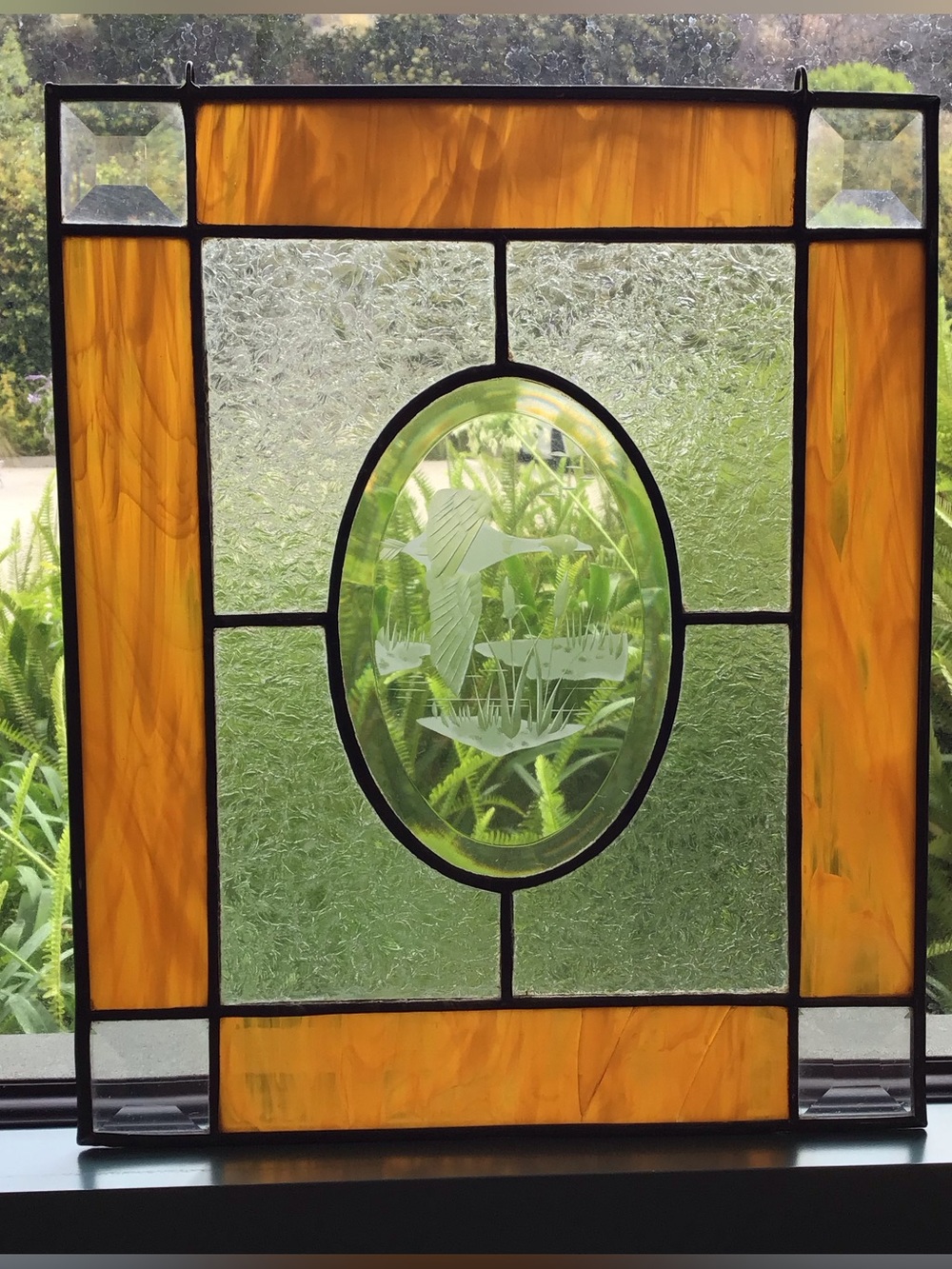 Vintage Stained Glass Hanging Panel Suncatcher Etched Goose In Flight